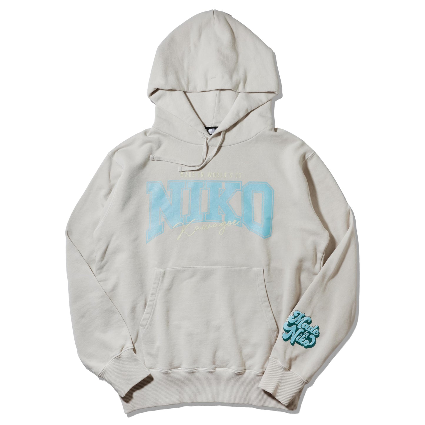 川越にこ × MIW  NIKO COLLEGE LOGO HOODIE NATURAL×BLUE
