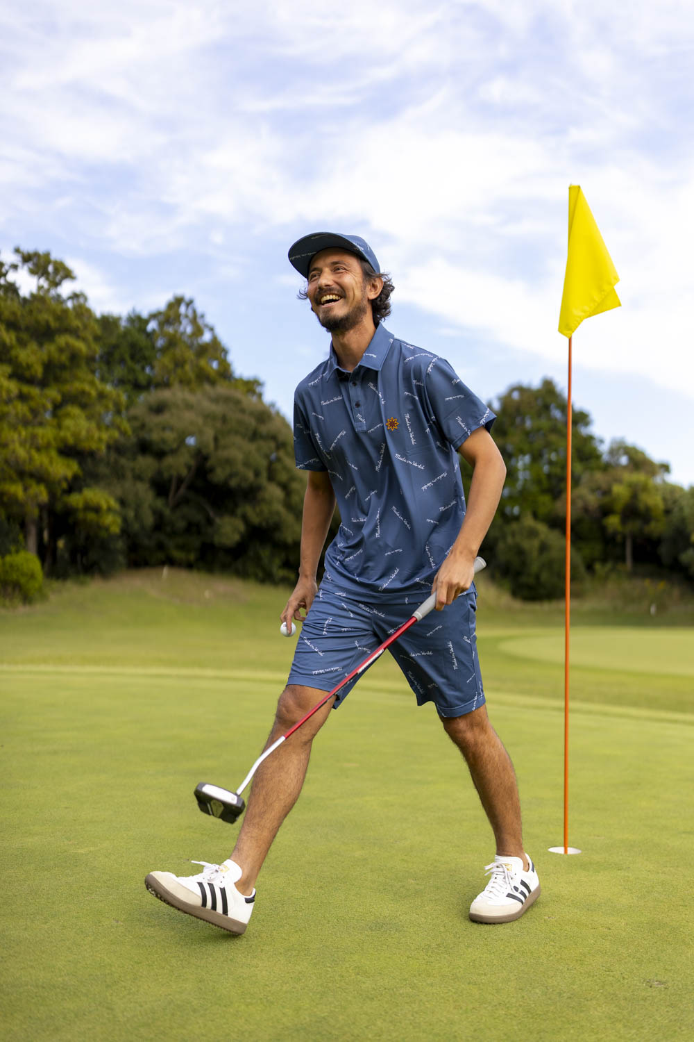 patterned polo shirt 　blue