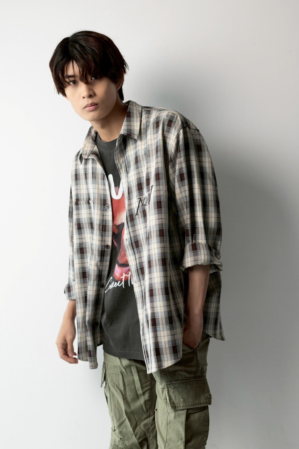 over size checkshirtBrown