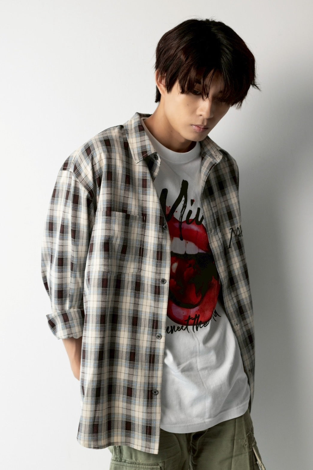 over size checkshirtBrown