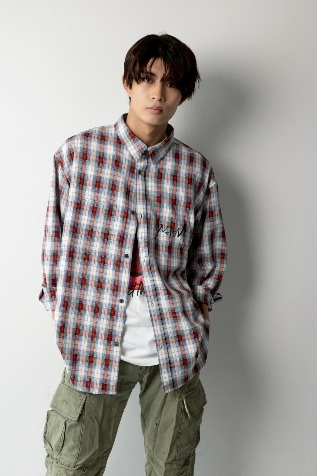 over size checkshirt  Red